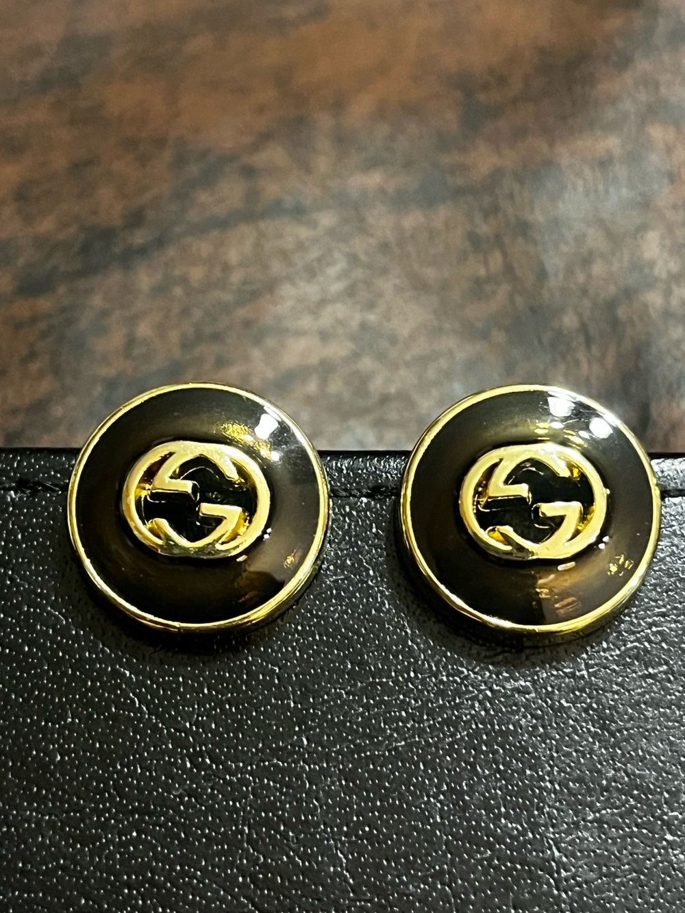 Double G Designer Black Enamel Gold Tone Letter Logo Stud Earrings